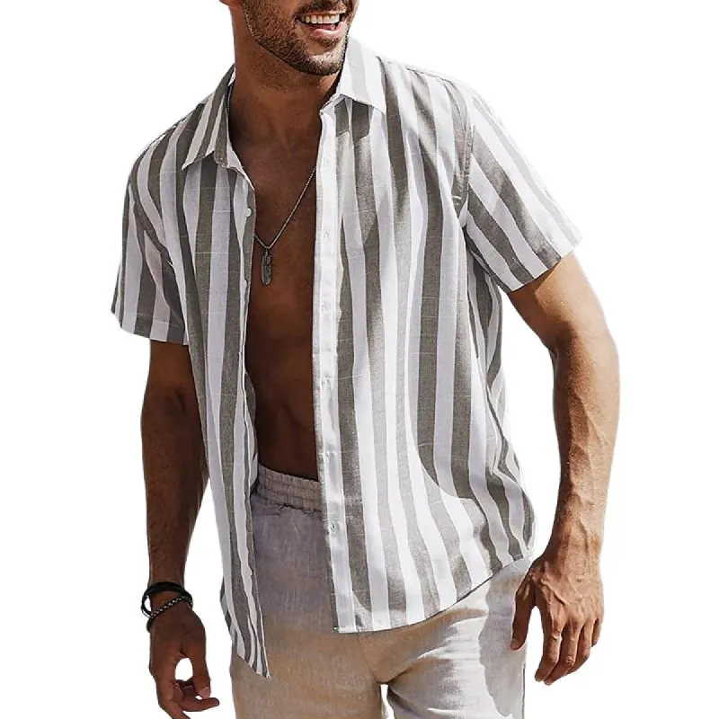 Men's Cotton and Linen Striped Short-sleeved Lapel Shirt 89949899X sold by Manly