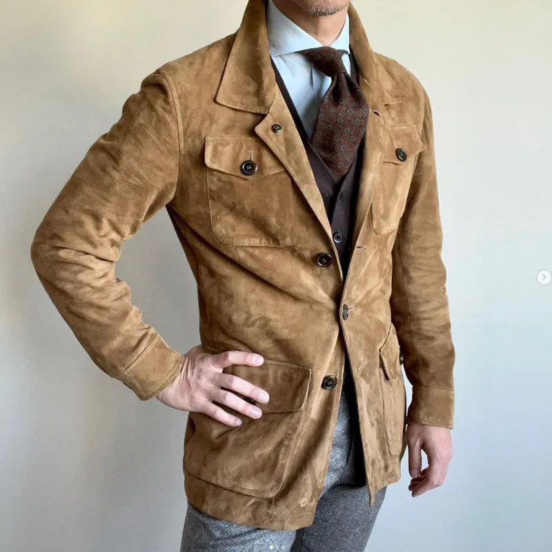 Men's Vintage Solid Suede Lapel Multi-Pocket Jacket 68521048Y sold by Manly product image thumbnail 5