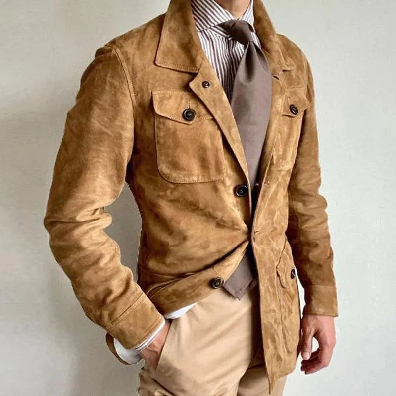Men's Vintage Solid Suede Lapel Multi-Pocket Jacket 68521048Y sold by Manly product image thumbnail 2