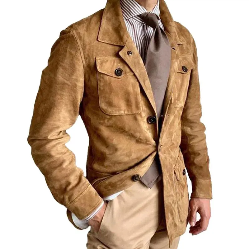 Men's Vintage Solid Suede Lapel Multi-Pocket Jacket 68521048Y sold by Manly