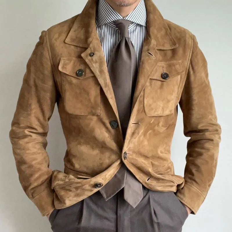 Men's Vintage Solid Suede Lapel Multi-Pocket Jacket 68521048Y sold by Manly product image thumbnail 3