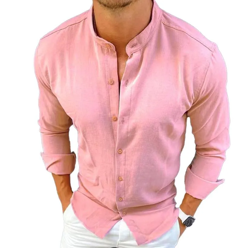 Men's Casual Stand Collar Linen Solid Color Button Long Sleeve Shirt 38556504M sold by Manly