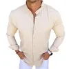 Men's Casual Stand Collar Linen Solid Color Button Long Sleeve Shirt 38556504M sold by Manly