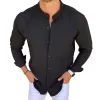 Men's Casual Stand Collar Linen Solid Color Button Long Sleeve Shirt 38556504M sold by Manly