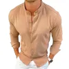 Men's Casual Stand Collar Linen Solid Color Button Long Sleeve Shirt 38556504M sold by Manly
