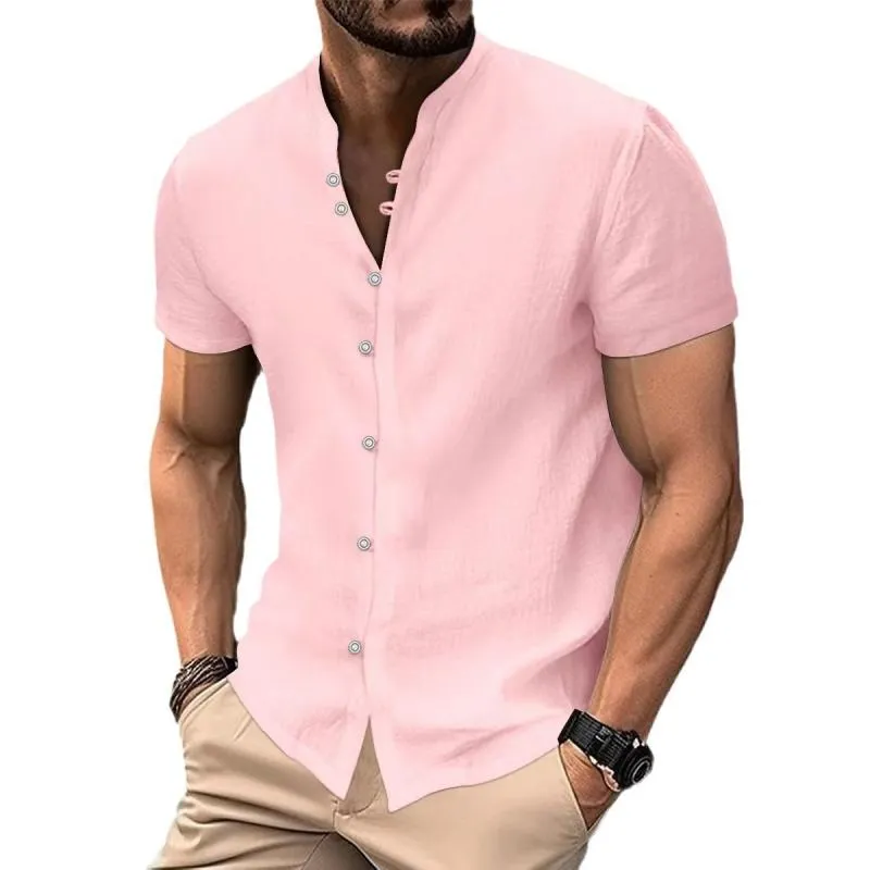 Men's Casual Cotton Linen Stand Collar Slim Fit Short-sleeved Shirt 87155535M sold by Manly