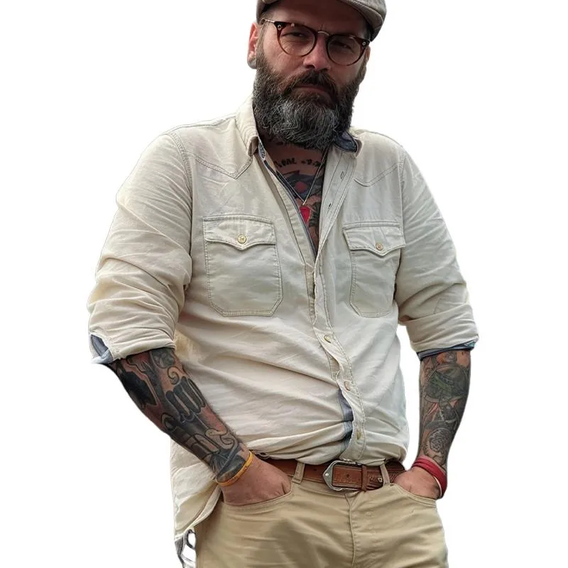 Men's Casual Solid Color Lapel Long Sleeve Shirt 03442096X sold by Manly