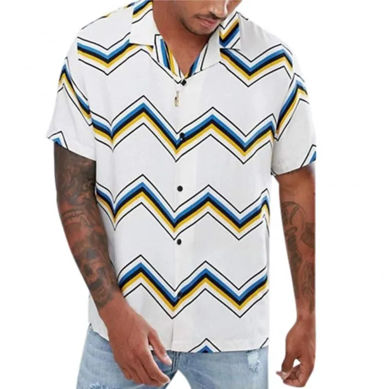 Men's Stripe Print Button-Down Short Sleeve Shirt 36197972Y sold by Manly