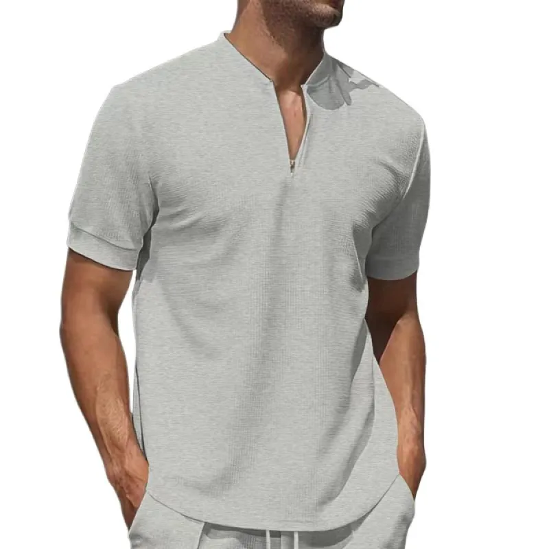 Men's Casual Solid Color Waffle Collar Short-sleeved T-shirt 45046623X sold by Manly