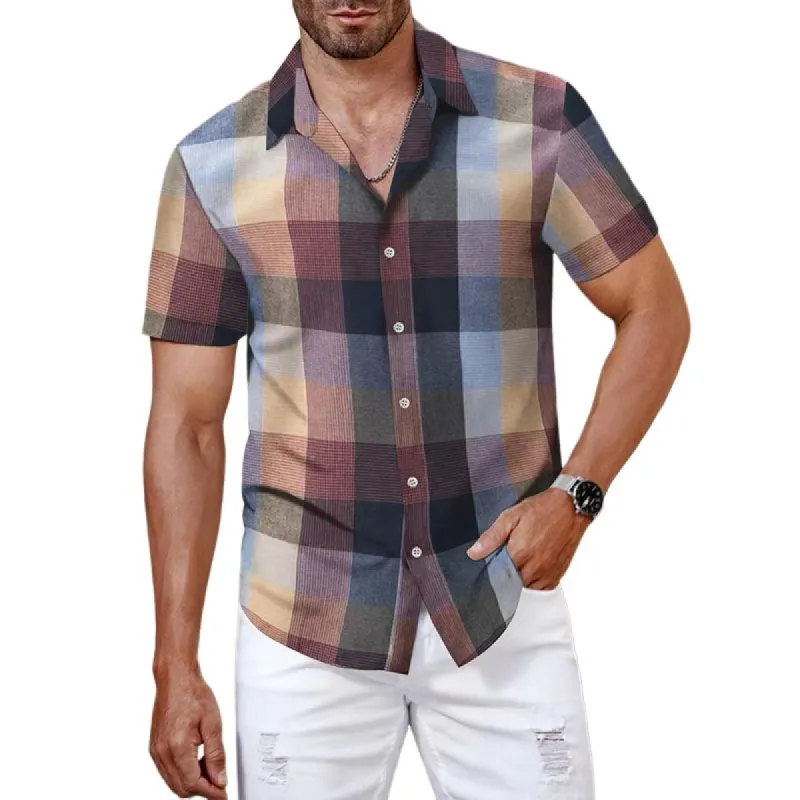 Men's Plaid Lapel Short Sleeve Shirt 86301228Z sold by Manly