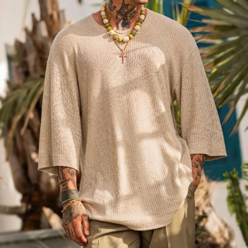 Men's Retro Casual Solid Color Round Neck Three-quarter Sleeve Sweater 97126818TO sold by Manly product image thumbnail 2