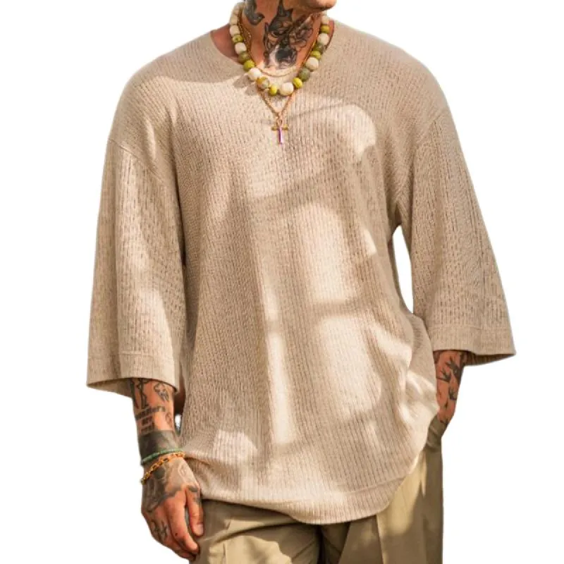 Men's Retro Casual Solid Color Round Neck Three-quarter Sleeve Sweater 97126818TO sold by Manly