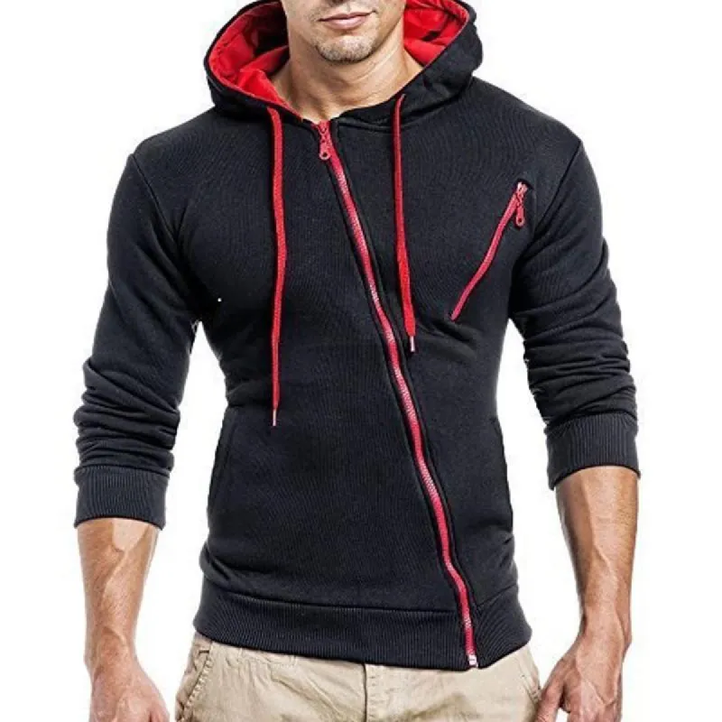 Men's Color-block Diagonal Zipper Long Sleeve Casual Hoodie 75932713Z sold by Manly