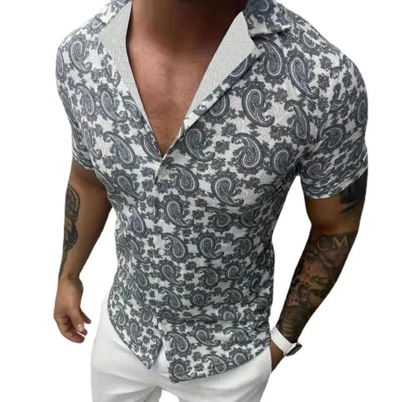Men's Slim Fit Sexy Cashew Lapel Short Sleeve Shirt 43217916TO sold by Manly