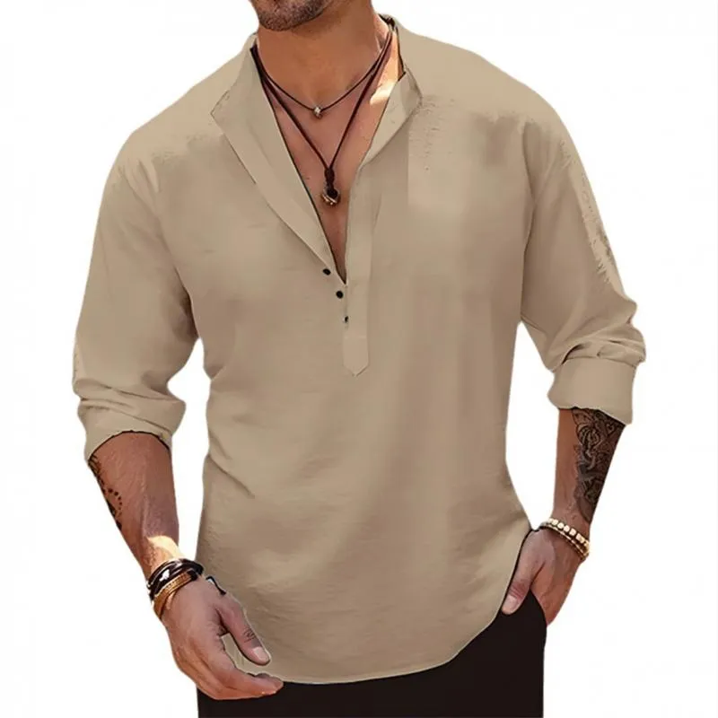 Men's Solid Linen Henley Collar Short Sleeve Casual Shirt 15967008Z sold by Manly