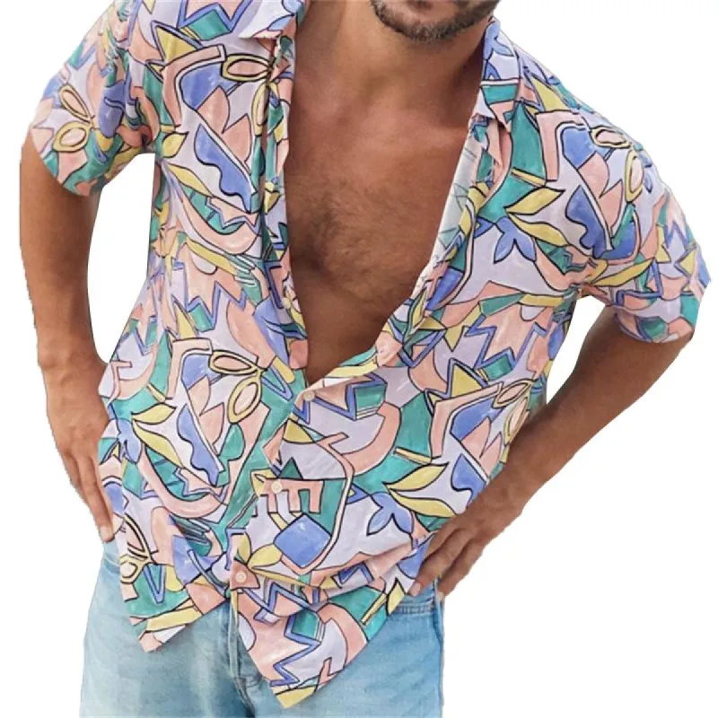 Men's Vintage Abstract Print Lapel Short Sleeve Shirt 73796944Y sold by Manly