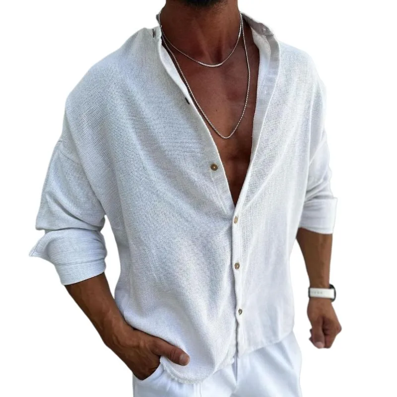 Men's Solid Cotton And Linen Stand Collar Long Sleeve Casual Shirt 21537071Z sold by Manly