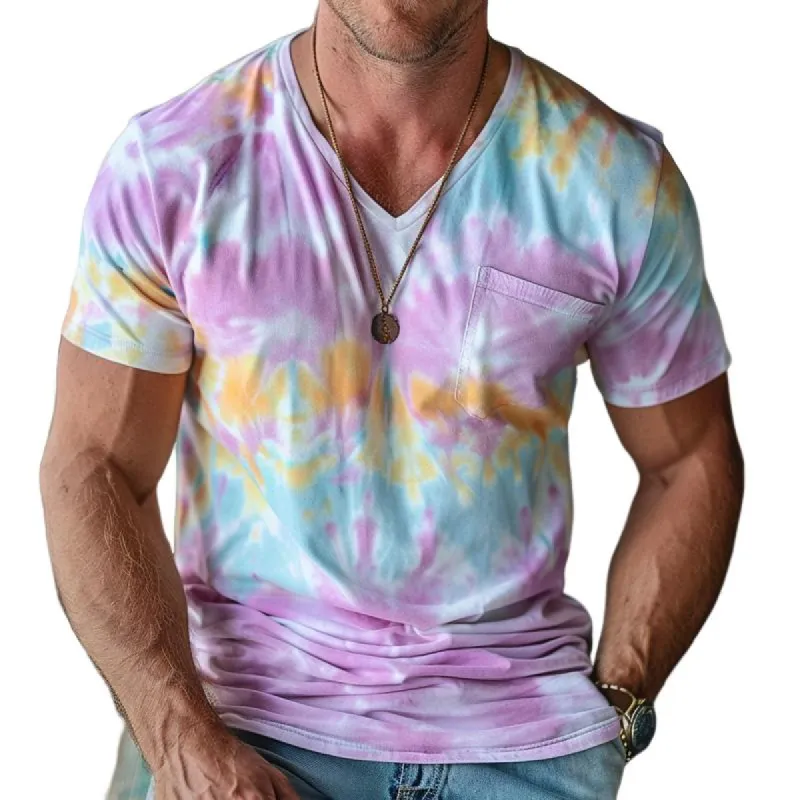 Men's Casual V-neck Tie-dye Printed Slim-fit Short-sleeved T-shirt 87361663M sold by Manly