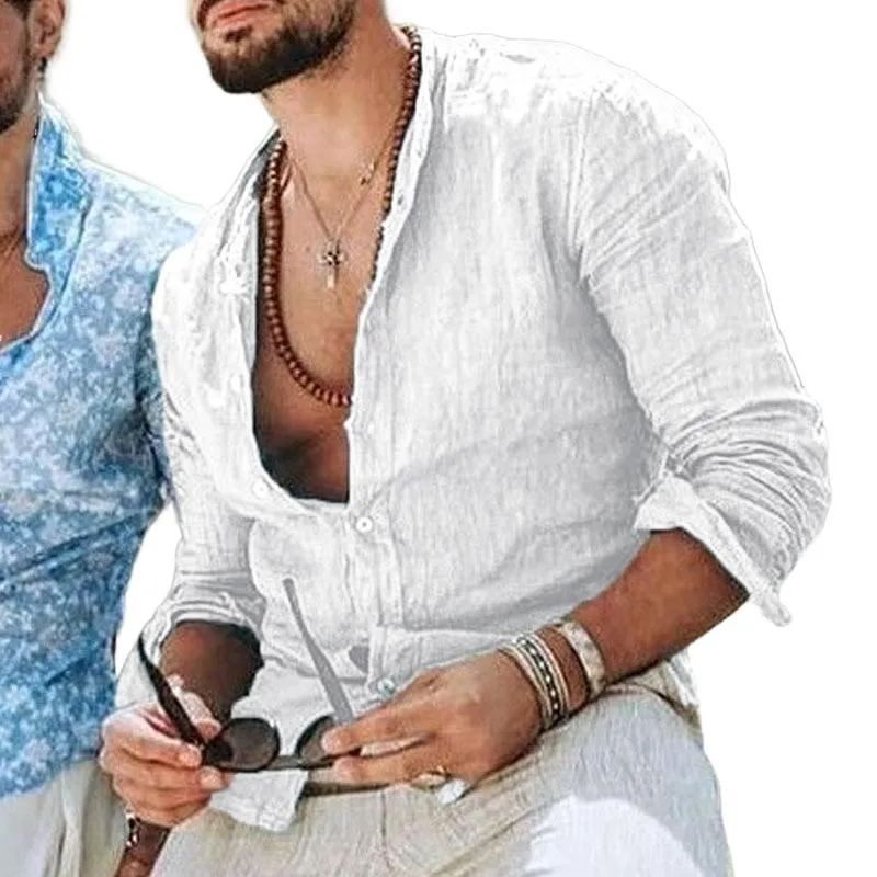 Men's Solid Color Cotton and Linen Lapel Long-sleeved Shirt 66904658X sold by Manly product image thumbnail 5