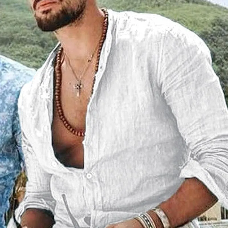 Men's Solid Color Cotton and Linen Lapel Long-sleeved Shirt 66904658X sold by Manly product image thumbnail 3