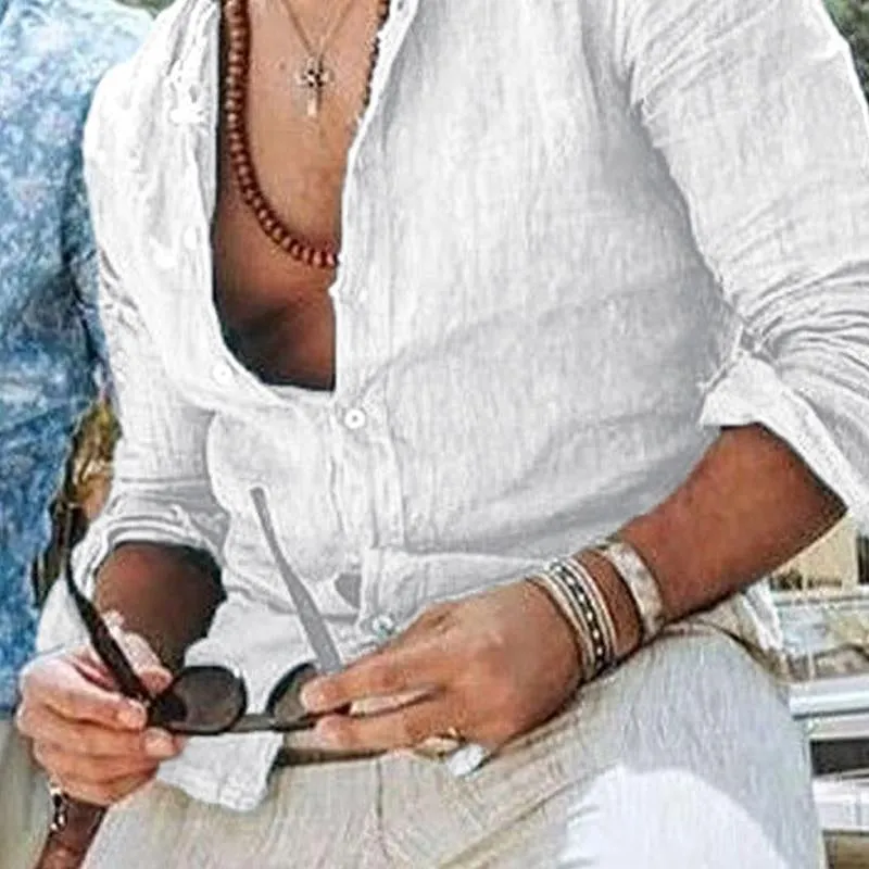 Men's Solid Color Cotton and Linen Lapel Long-sleeved Shirt 66904658X sold by Manly product image thumbnail 4