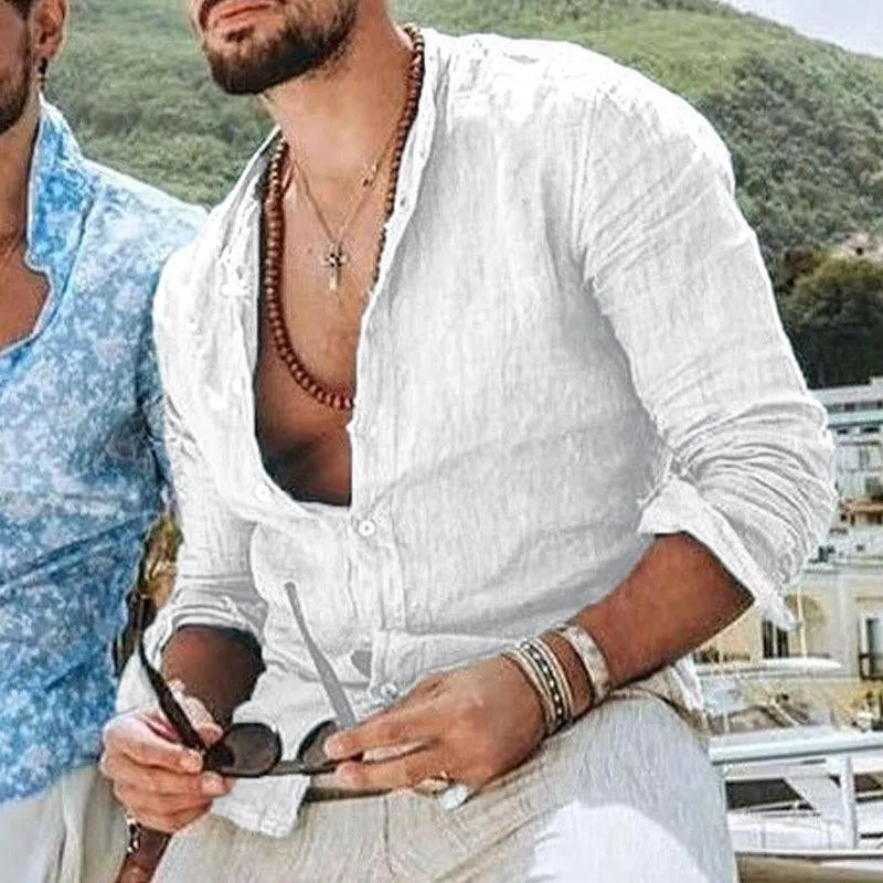 Men's Solid Color Cotton and Linen Lapel Long-sleeved Shirt 66904658X sold by Manly product image thumbnail 2