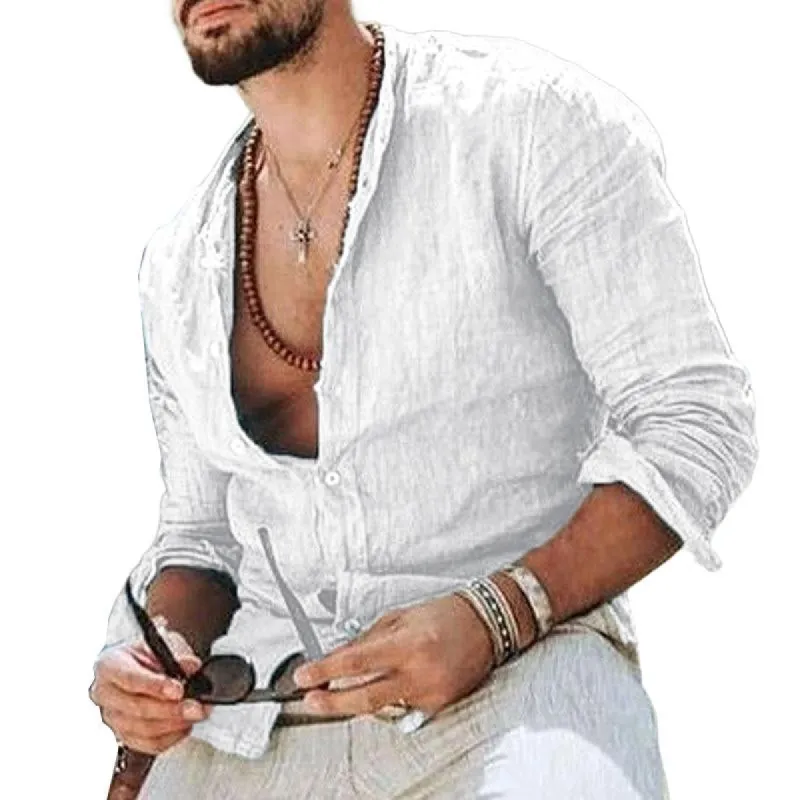 Men's Solid Color Cotton and Linen Lapel Long-sleeved Shirt 66904658X sold by Manly