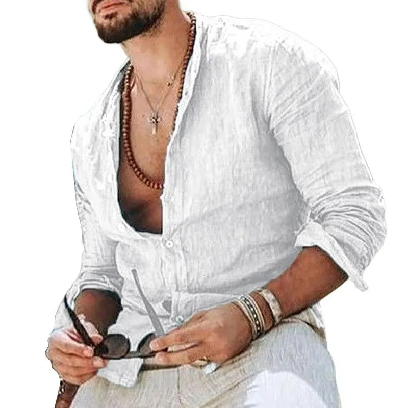Men's Solid Color Cotton and Linen Lapel Long-sleeved Shirt 66904658X sold by Manly