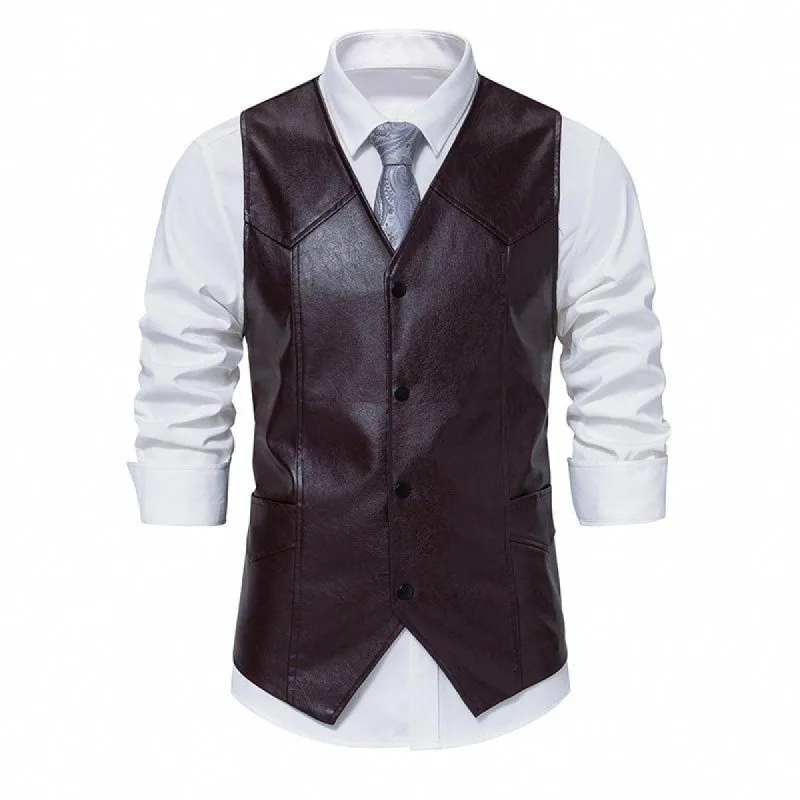 Men's Vintage V-Neck Single-Breasted Leather Vest 23616405Y sold by Manly