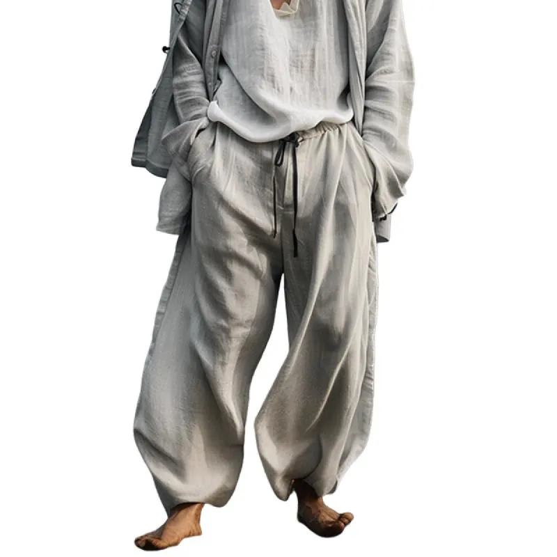 Men's Cotton And Linen Loose Straight Beach Drawstring Pants 81010597Y sold by Manly