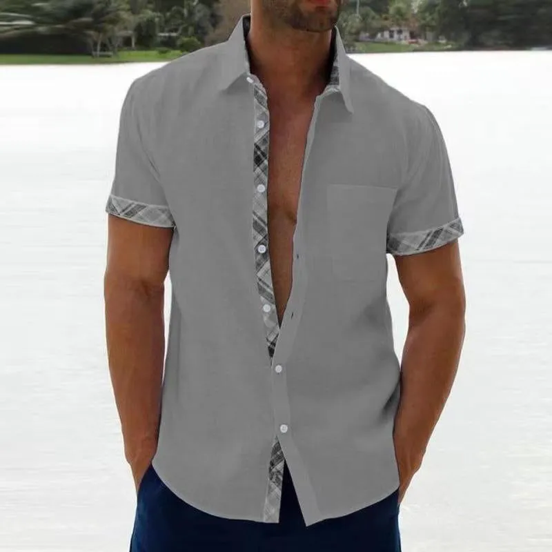 Men's Casual Plaid Stitching Lapel Short Sleeve Shirt 05552552Y sold by Manly product image thumbnail 5