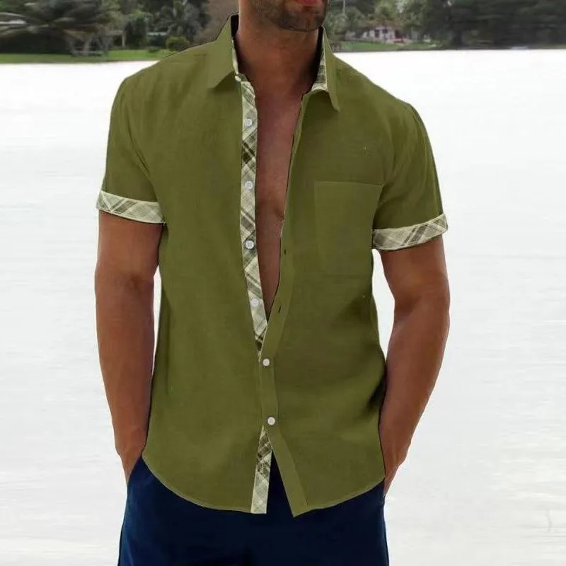 Men's Casual Plaid Stitching Lapel Short Sleeve Shirt 05552552Y sold by Manly product image thumbnail 4