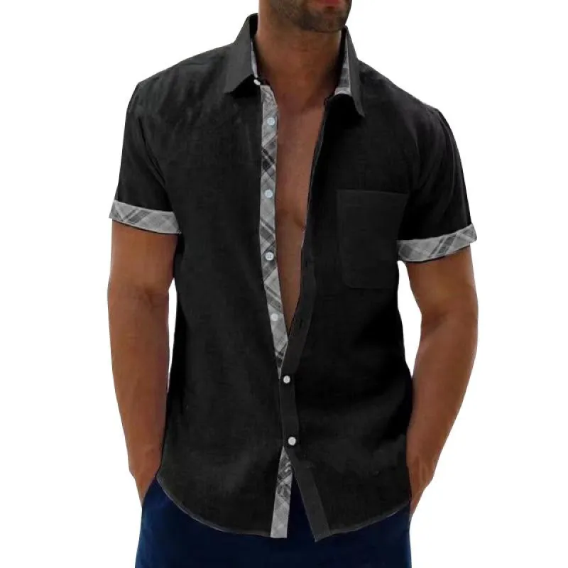 Men's Casual Plaid Stitching Lapel Short Sleeve Shirt 05552552Y sold by Manly