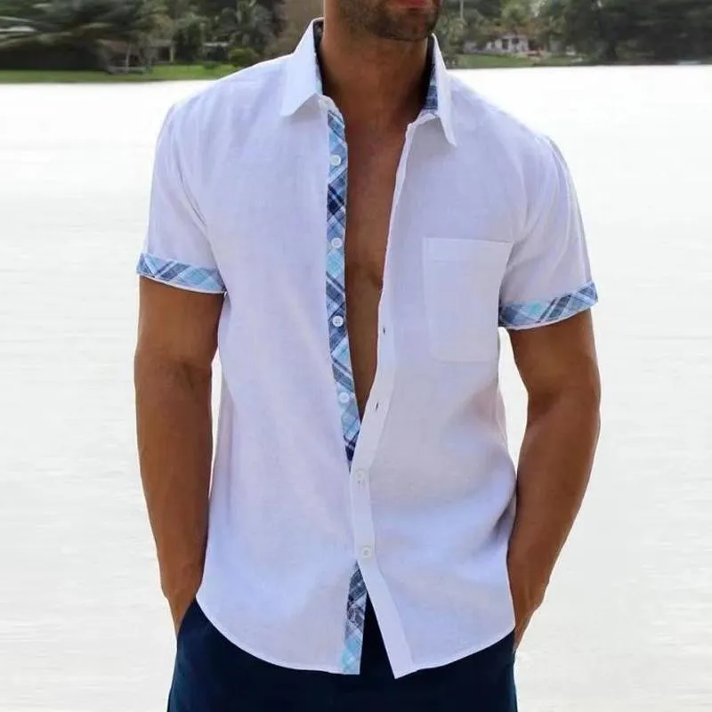 Men's Casual Plaid Stitching Lapel Short Sleeve Shirt 05552552Y sold by Manly product image thumbnail 3