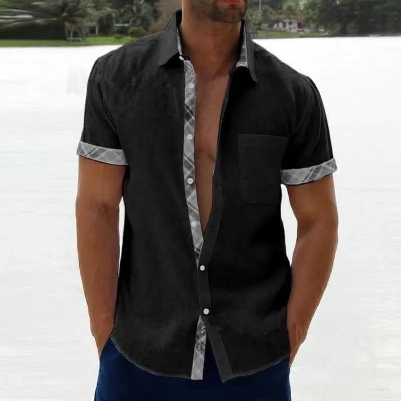 Men's Casual Plaid Stitching Lapel Short Sleeve Shirt 05552552Y sold by Manly product image thumbnail 2