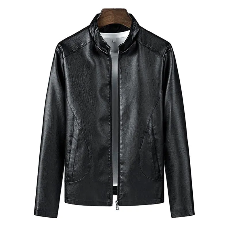 Men's Casual Stand Collar Zipper Slim Leather Jacket 99434666M sold by Manly product image thumbnail 4