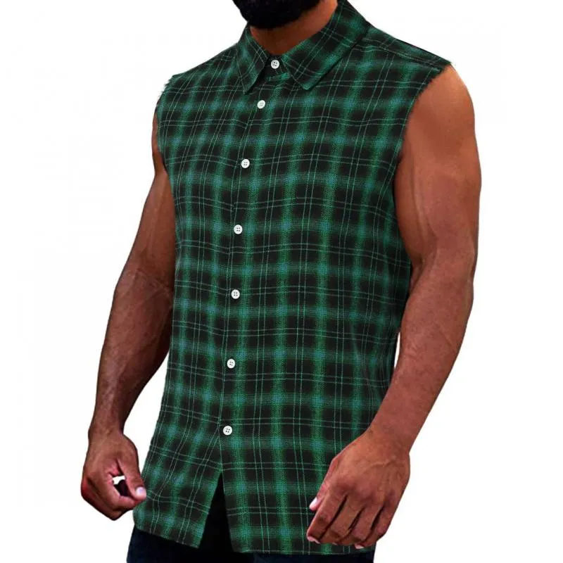 Men's Fashion Plaid Lapel Button Sleeveless Shirt 35683629M sold by Manly product image thumbnail 3