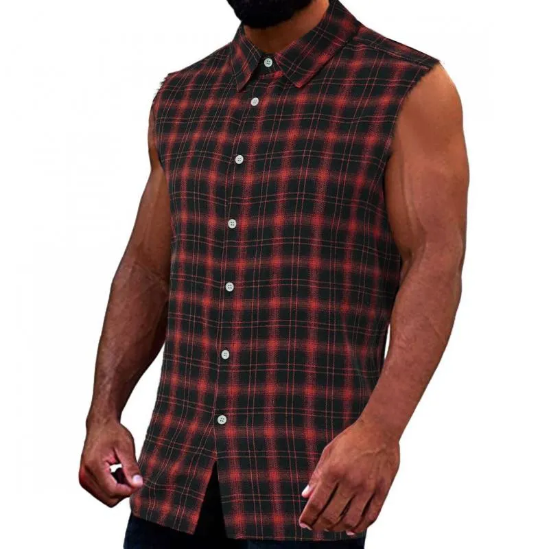 Men's Fashion Plaid Lapel Button Sleeveless Shirt 35683629M sold by Manly product image thumbnail 4