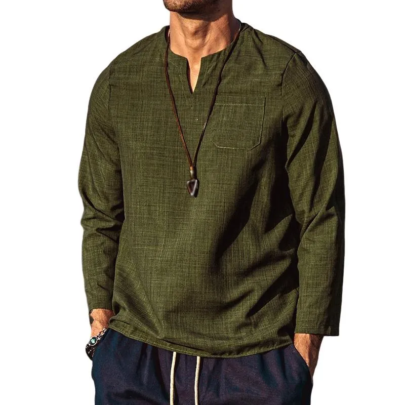 Men's Vintage Cotton and Linen V-Neck Shirt 69378252TO sold by Manly