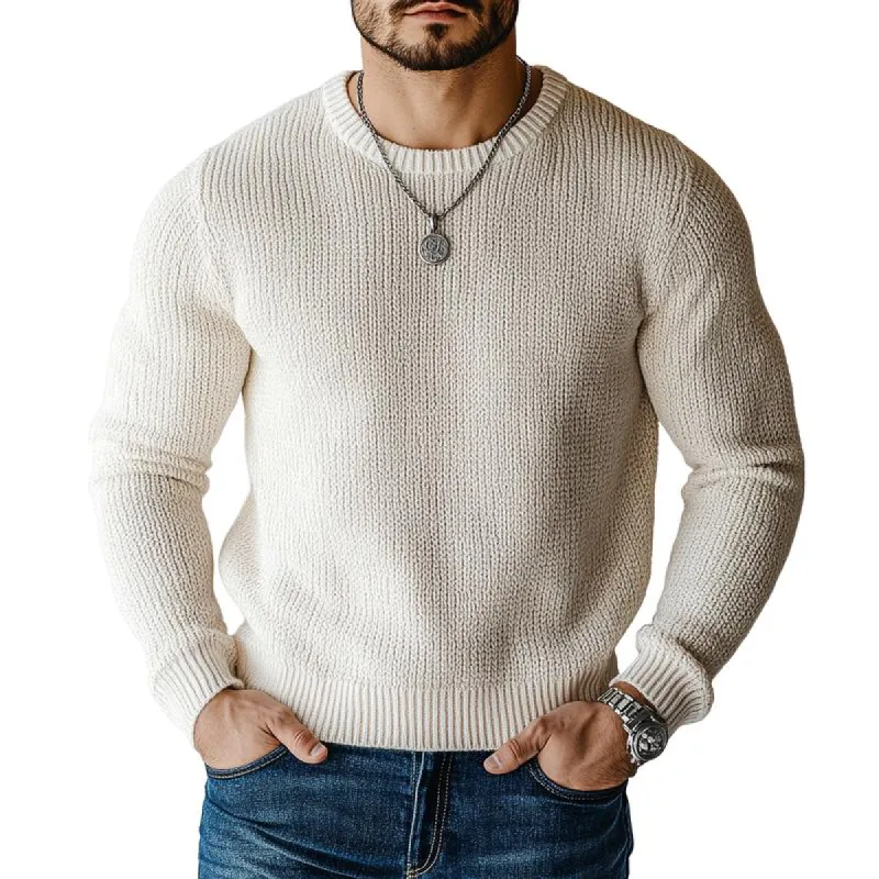 Men's Casual Round Neck Solid Color Loose Pullover Knitted Sweater 98577658M sold by Manly