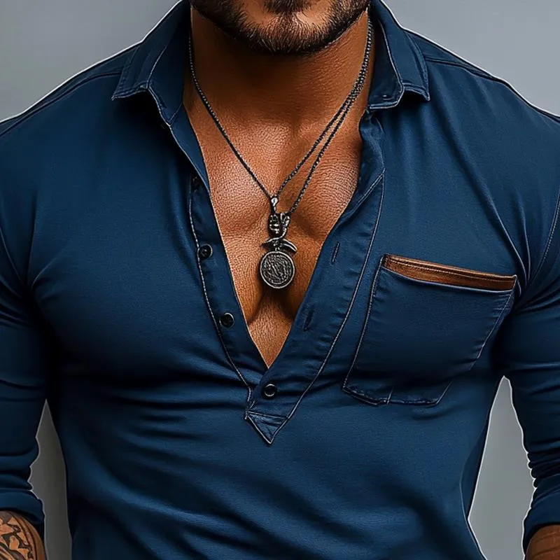 Men's Solid Color Lapel Chest Pocket Long Sleeve Polo Shirt 73059449Z sold by Manly product image thumbnail 3