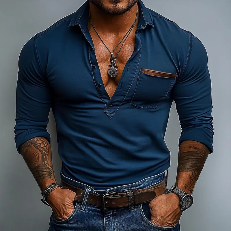 Men's Solid Color Lapel Chest Pocket Long Sleeve Polo Shirt 73059449Z sold by Manly product image thumbnail 2