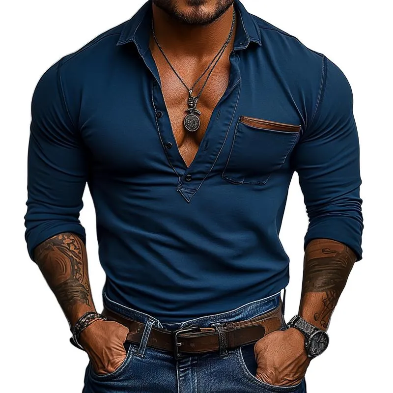 Men's Solid Color Lapel Chest Pocket Long Sleeve Polo Shirt 73059449Z sold by Manly