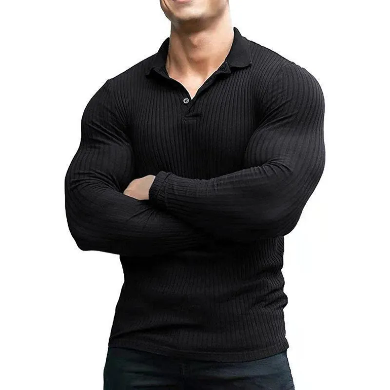 Men's Lapel Solid Striped Sports Fitness T-shirt 93075652Z sold by Manly