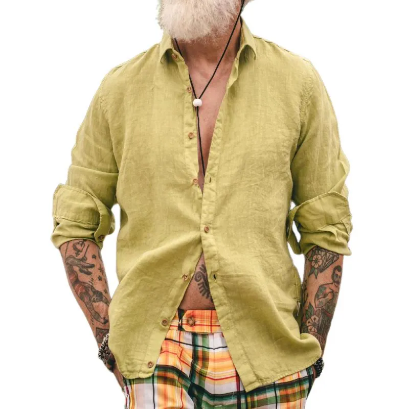 Men's Casual Solid Color Linen Long Sleeve Shirt 48088677TO sold by Manly