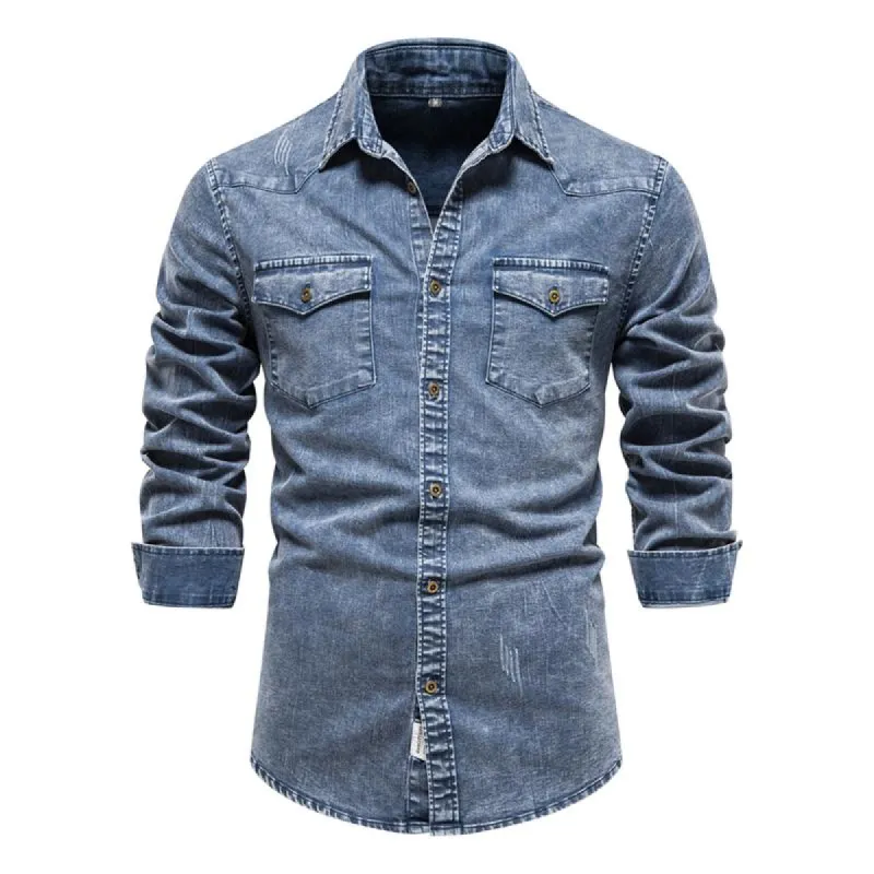 Men's Lapel Washed Distressed Denim Shirt 51699022Z sold by Manly