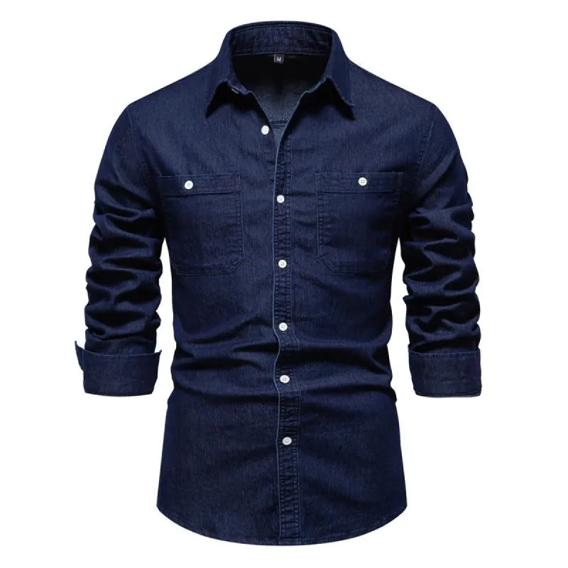 Men's Solid Color Lapel Denim Long Sleeve Shirt 52034788X sold by Manly