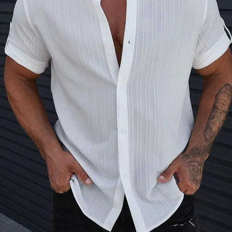 Men's Stand Collar Cotton and Linen Short Sleeve Shirt 65986942X sold by Manly product image thumbnail 3