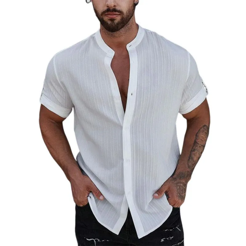 Men's Stand Collar Cotton and Linen Short Sleeve Shirt 65986942X sold by Manly