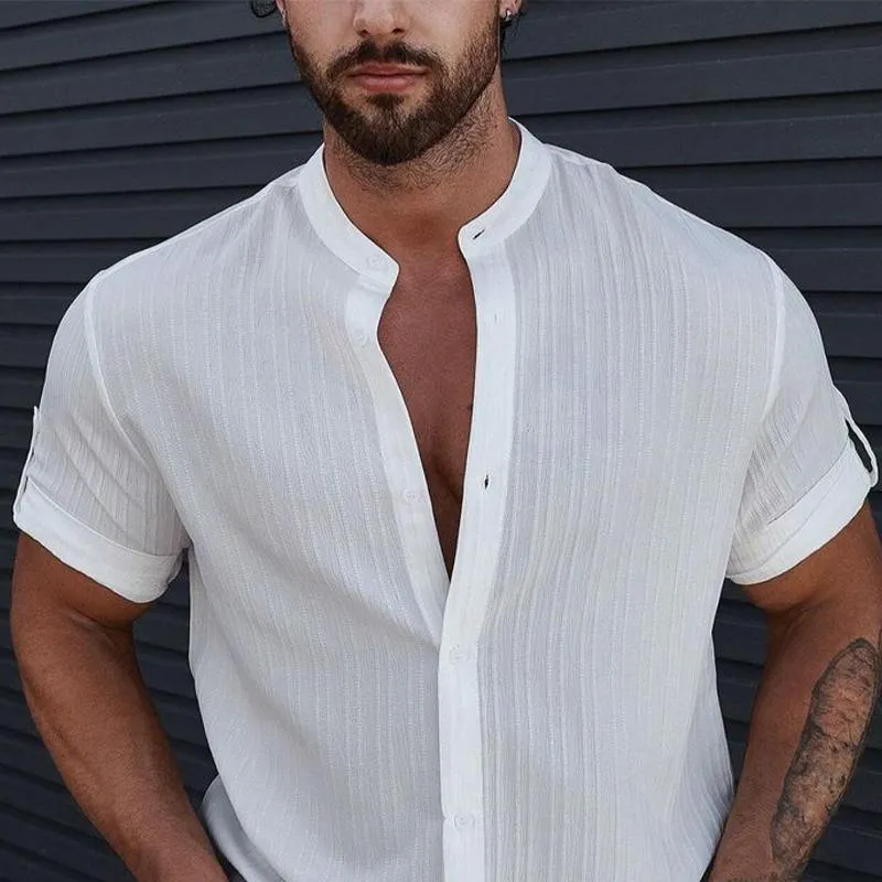 Men's Stand Collar Cotton and Linen Short Sleeve Shirt 65986942X sold by Manly product image thumbnail 2
